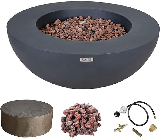 Elementi | Lunar Gas Fire Pit Cast Concrete 42" Round Fire Table, Outdoor Fire Pit Electronic Ignition | Canvas Cover, Lava Rock Included | Dark Gray (Propane Gas)