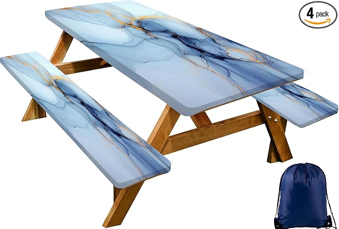 CAPSCEOLL Elastic Picnic Table Cover with Bench Covers 5Ft Waterproof Fitted Picnic Table Cover Cloths for Outdoors Camping Tablecloth with Drawstring Bag, 60X30in, Blue Marble