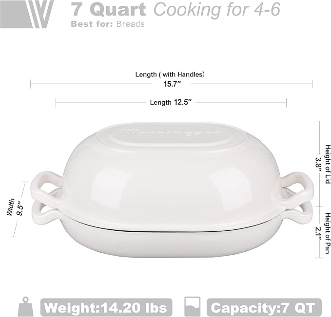 Enameled Cast Iron Sourdough Bread Oven, Dutch Oven, Loaf Cast Iron Bread Pan for Homemade Bread Baking, Meatloaf Pan with Lid, 7QT, White