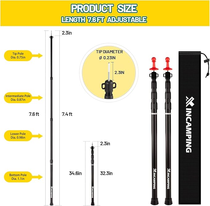 Adjustable Heavy Duty Tarp Poles 7.6FT,XINCAMPING Aluminum Tent Poles with Protection Cap - 4 Pack Rust-Proof Awning Poles for Camping, Hiking, Canopy & Outdoor Shelter