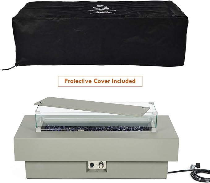 48-inch Fire Table with Natural Gas Conversion Kit & Wind Glass Shield, 50,000BTU Outdoor Modern Patio Fire Pit Table w/Rectangular Burner Lid, Glass Rocks, Cover