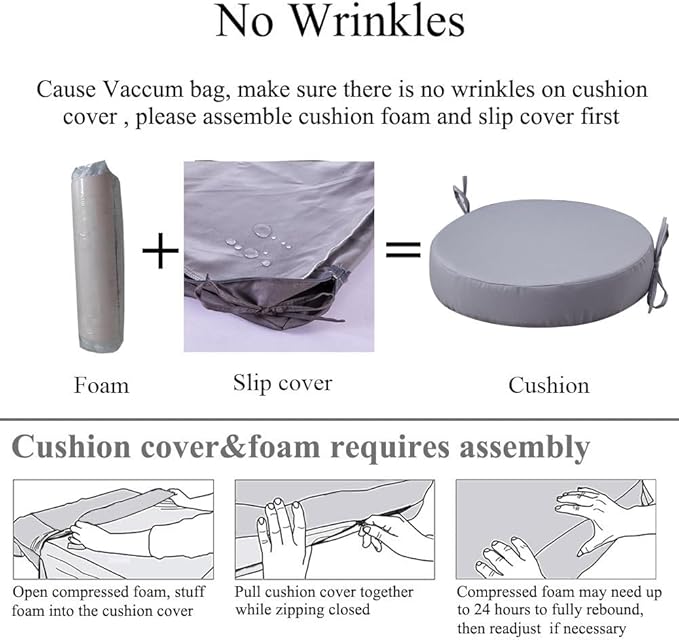 15 x 15 Inch Round Cushions for Outdoor Furniture Non-Slip Waterproof Patio Bistro Chair Cushion with Ties Bar Stool Seat Cushion for Kitchen Chairs Set of 4, Light Gray