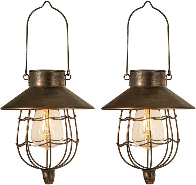 YAKii 2 Pack Solar Lantern Hanging Waterproof Outdoor Metal Solar Lamp with Warm White Light Decorate for Yard Garden Pathway Patio Porch Decor (Antique Copper)