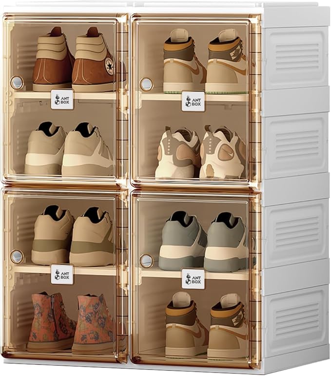 ANTBOX Shoe Organizer Storage Box, Portable Folding Shoe Rack For Closet With Magnetic Clear Door,Large Sneaker Cabinet Bins All-in-one Sturdy Easy Assembly 4 Layers-8 Grids