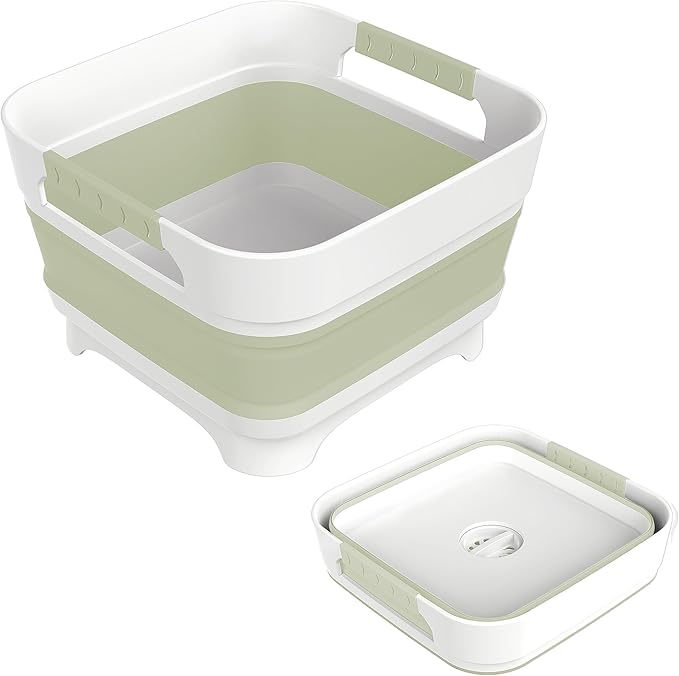 2.4 Gal Collapsbile Wash Basin with Drian Plug,9L Dish Pan for Soaking Baby Bottles,Portable Sink, Multiuse Foldable Bucket,Ice Beverage Tubs for Camping, Vegetable Washing, RV (Green)