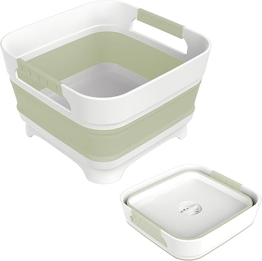 2.4 Gal Collapsbile Wash Basin with Drian Plug,9L Dish Pan for Soaking Baby Bottles,Portable Sink, Multiuse Foldable Bucket,Ice Beverage Tubs for Camping, Vegetable Washing, RV (Green)