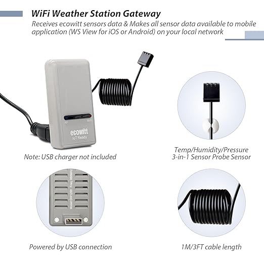 ECOWITT Wi-Fi Gateway Weather Station, with Built-in Temperature, Humidity, and Barometric Sensors, IOT Ready, Supports Ecowitt Sensors Developed, USB Power, 915 MHz