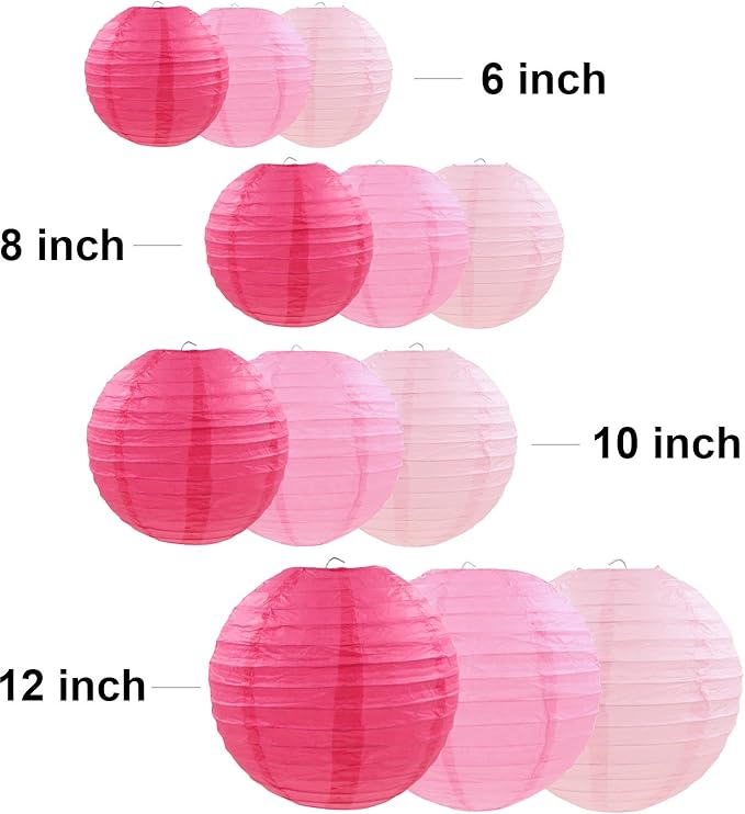 12 Pcs Pink Party Paper Lanterns Romantic Decorations Rose Red and Pink Round Chinese Paper Lanterns for Wedding Birthday Party Valentines Day Engagement Baby Showers Decoration