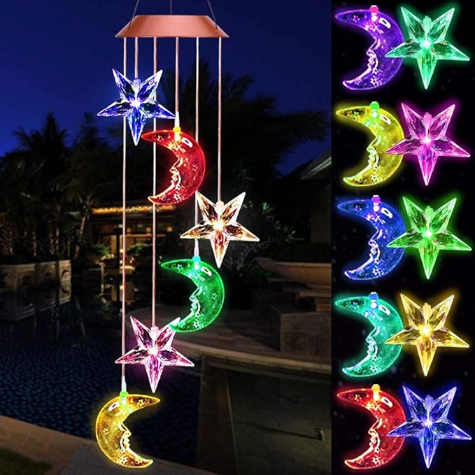 Color Changing Star Moon Solar Wind Chimes Lights Gift Portable Hanging Waterproof Mobile Romantic Wind Bell Outdoor LED Solar Stars Moon Light for Mom Gift Festival Home Patio Yard Garden Decoration