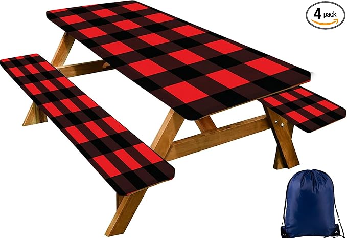 CAPSCEOLL Fitted Picnic Table Cover with Bench Covers with Elastic 6Ft Waterproof Camping Picnic Table Cover Cloths for Outdoors Camping Tablecloth with Drawstring Bag, 72X30in, Black Red