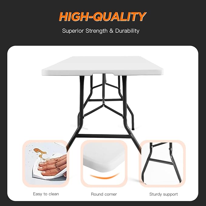 BestOffice 8FT Picnic Table Folding Table Camping Table Plastic Table Fold Up Table Lock for Party Event,White