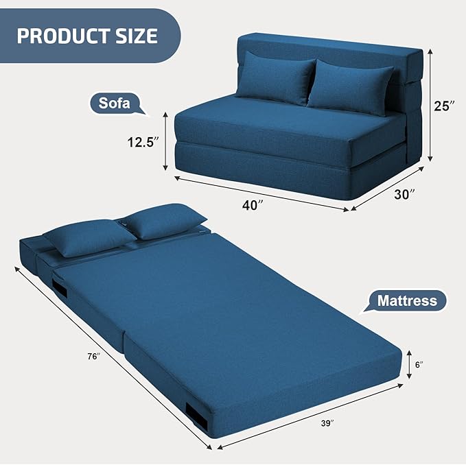 Folding Sofa Bed with Pillows- Convertible Chair Floor Couch & Sleeping Mattress, Foldable Memory Foam Sleeper for Living Room/Dorm/Guest Room/Home Office/Apartment/Loft, Twin, Navy Blue