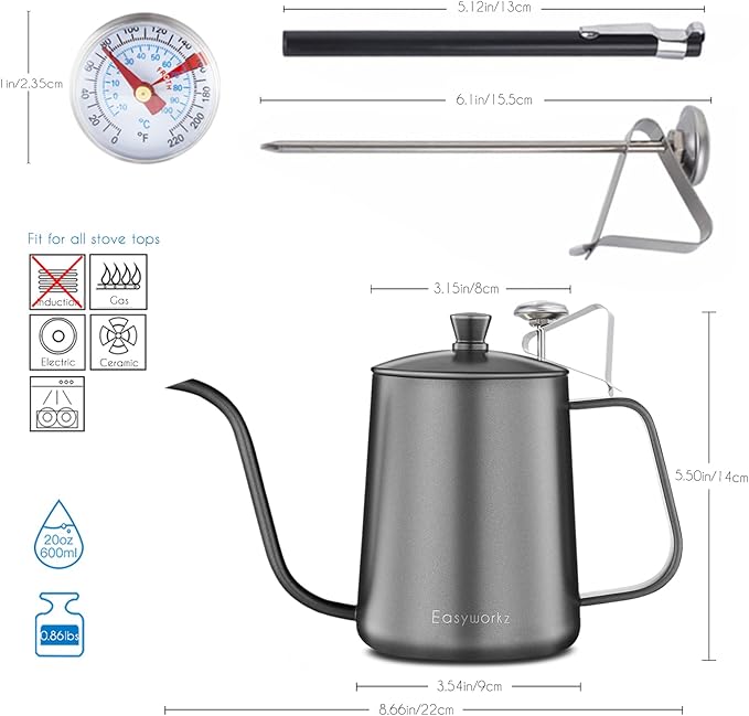 Easyworkz Gage Gooseneck Pour Over Coffee Kettle 20 oz with Thermometer Stainless Steel Hand Drip Coffee Pot With Long Narrow Spout