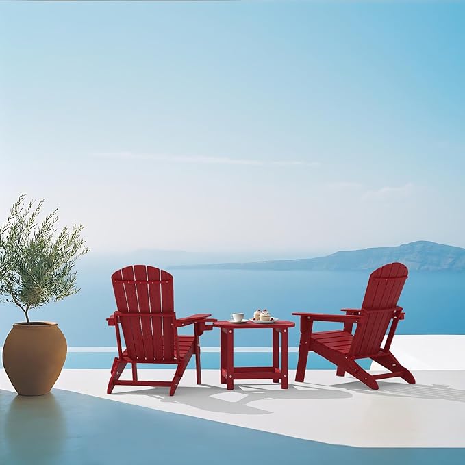 Folding Adirondack Chair Set of 2,Cup Holder,Wooden Textured,Heavy All-Weather HDPE Outdoor Chairs, Poolside Backyard Lawn,Red