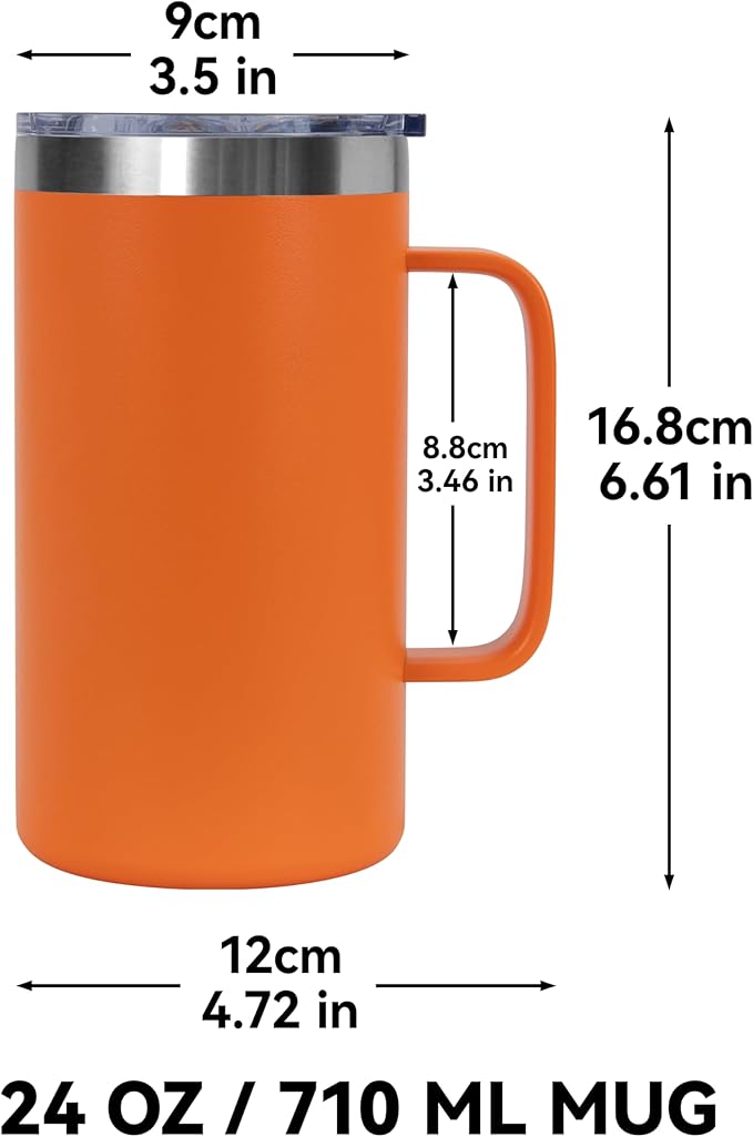 DOMICARE 24oz Mug with Handle and Lid, Stainless Steel Coffee Mug, Travel Mug with Handle, Double Wall Vacuum Coffee Tumbler, Reusable Insulated Cup, Orange, Pack 4