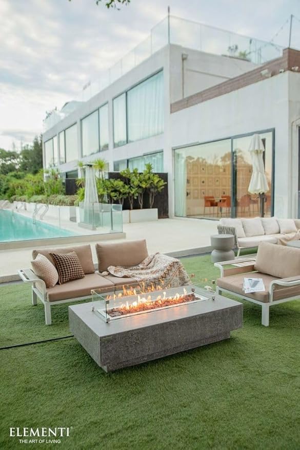 Elementi | Bundle Hampton Gas Fire Pit Cast Concrete 56" Rectangular Fire Table, Outdoor Fire Pit Electronic Ignition | Canvas Cover, Lava Rock Included | Light Gray (Natural Gas)