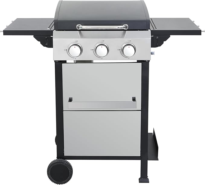3-Burner Propane Gas BBQ Grill, SS Plancha, 36900BTU Output With Wire Enamel Cooking Grids For Outdoor Barbecue,Stainless Steel Foldable Side Table,Hanging Basket,Black Silver