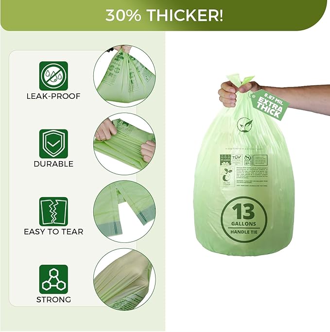 13 Gallon Compostable Trash Bags with Handle-Tie, Thick 0.87 Mil, 49.21 Liter, 30 Bags, Tall Kitchen Food Scrap Waste Bag, ASTM D6400, US BPI and OK Compost Home Certified
