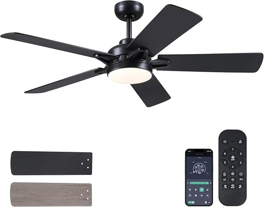 Ceiling Fans with Lights - 52 Inch Black Low Profile Ceiling Fan with Remote Control, 3CCT Dimmable Lighting, 6 Speeds Reversible, Modern Ceiling Fan Light for Indoor/Outdoor Use