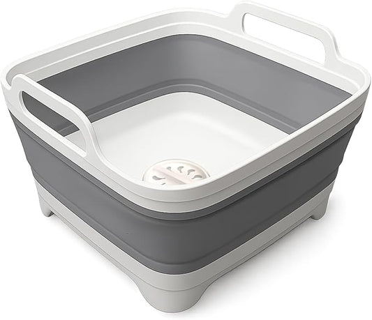 Collapsible Dish Basin - 2.4 Gal (9L) with Drain Plug – Foldable Multiuse Sink Tub for Kitchen, Camping, RV, Dishwashing & Vegetable Washing (Gray)