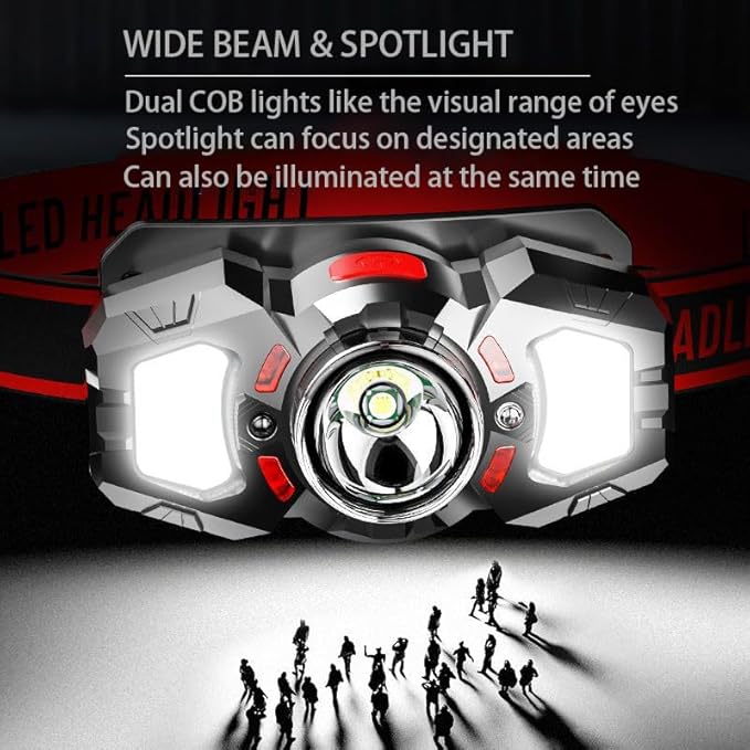 Headlamp, White&Red LED Headlamp, 70° Up&Down Adjustable, 4 Clips, Motion Switch, 800 Lumens, 500 Feet Distance and 10 Hours Running Time MAX, IPX5 Waterproof, for Camping, Hiking, Fishing