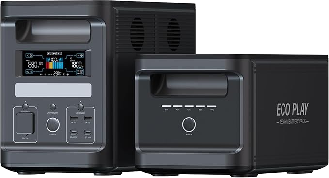 Eco Play EP1800 Portable Power Station with 2 Extra Battery, 1536Wh LiFePO4 Battery Backup, Expandable up to 4kWh, Fully Charged in 1.1H, 1800W Solar Generator (1800W+2 * 1800W-Extra)