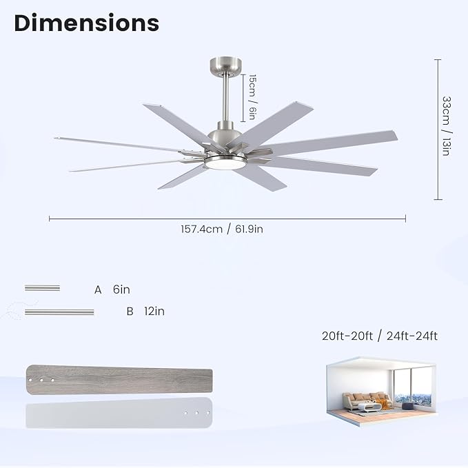 62 inch Brushed Nickel Ceiling Fan with Light & Remote, Indoor/Outdoor 8-Blade Fan, 6-Speed Silent Reversible DC Motor, 3CCT LED, Timer, 2 Downrods for Living Room/Patio