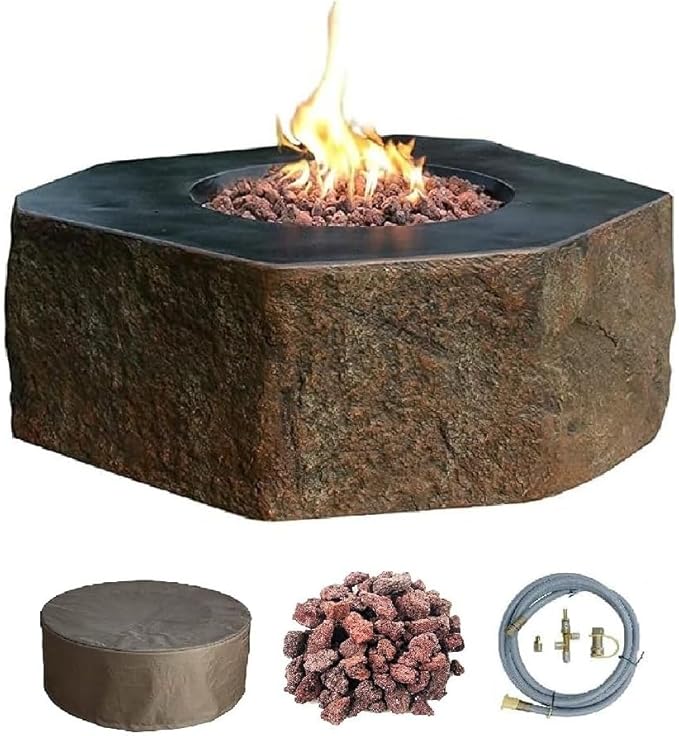 Elementi | Columbia Gas Fire Pit Cast Concrete Semi-Round Fire Table, Outdoor Fire Pit Electronic Ignition | Canvas Cover, Lava Rock Included | Natural Gas