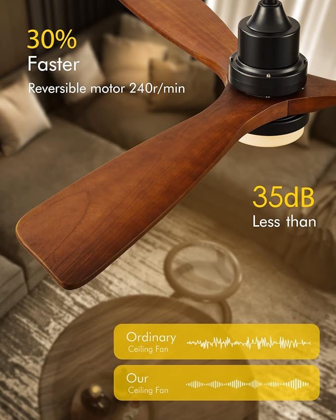 Ceiling Fans with Lights, 60" Wood Ceiling Fan with Remote Control, 3 Walnut Fan Blades Reversible Quiet DC Motor 6 Speeds Timing Farmhouse Ceiling Fan for Bedroom/Living Room/Study/Porch