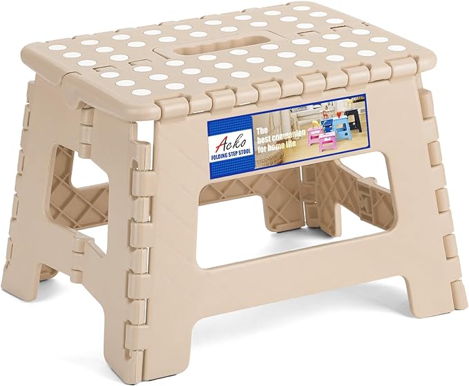 ACKO Folding Step Stool 9 Inch 300 lb Capacity, Plastic Foldable Step Stools for Kids and Adults, Folding Stools Suitable for Kitchen, Stepping Stool with Handle Khaki 1PC