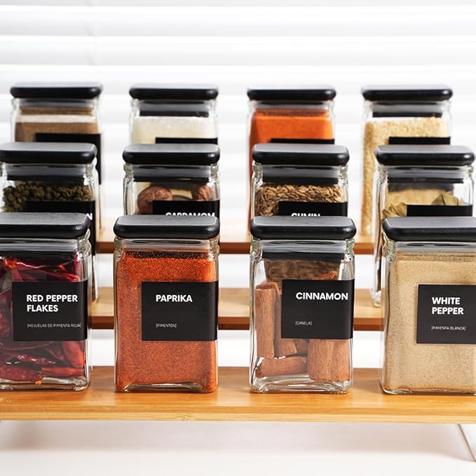 Glass Square Spice Jars with Labels, 4oz Glass Jars with Bamboo Lids, Spice Bottles, Seasoning Organizer, 12 Pack (Black)