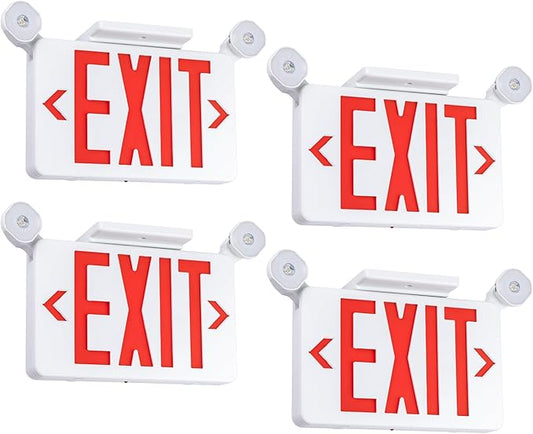 Gruenlich Red Exit Sign with Emergency Lights, 2 Adjustable LED Heads and Backup Battery, UL 924, AC 120/277V, Commercial Hardwired Exit Light for Business, 4 Pack