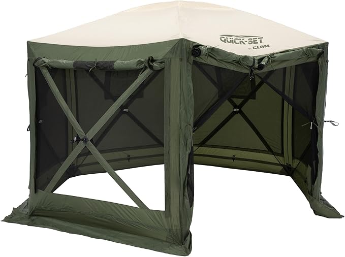 CLAM Pop Up Screen Tent, Outdoor Camping Gazebo Canopy, Pavilion, 12.5', Green/Tan - Heavy-Duty Portable Screened Shelter with Netting for Beach, Patio, and Backyard