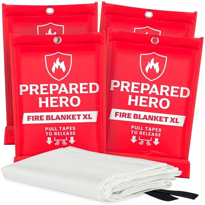 Hero Extra Large Emergency Fire Suppression Blanket - 4 Pack - XL Fiberglass Fire Blanket for Kitchen & Home, 47' x 71'