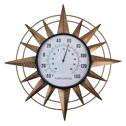 14'' Sun Outdoor Thermometer, Metal Wall-Mounted Thermometer No Need Battery, Indoor Decor for Patio Garden Living Room