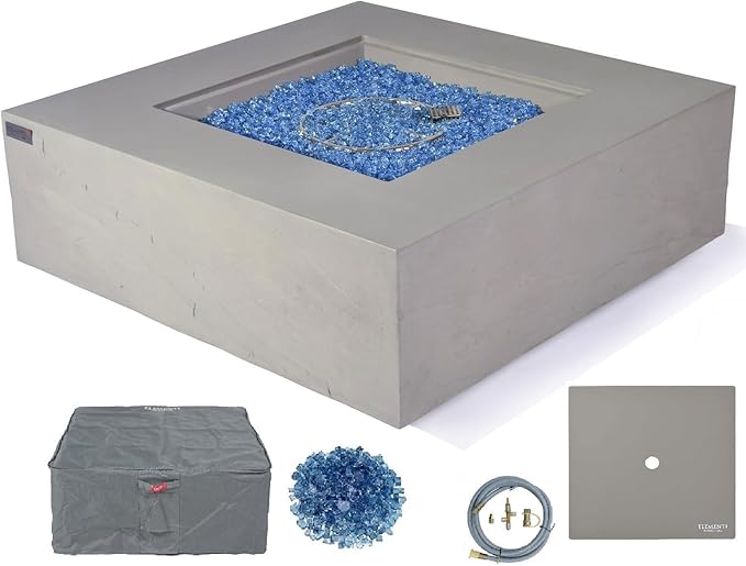 Elementi+ | Capertee Gas Fire Pit Cast Concrete 40" Square Fire Table, Outdoor Fire Pit Electronic Ignition | Canvas Cover, Fire Glass and Burner Lid Included | Light Gray | Natural Gas