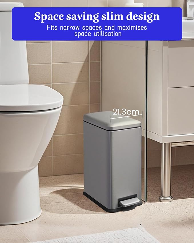 Bathroom Trash Can with Lid, 16.7L/ 4.4 Gallon Trash Can with Removable Inner Bucket, Soft Close lid, Stainless Steel Step Pedal Garbage Can for Bathroom, Kitchen, Home Office, Grey