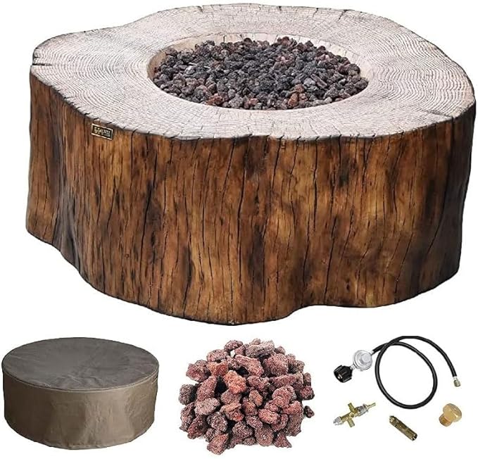 Elementi | Manchester Gas Fire Pit Cast Concrete Semi-Round Fire Table, Outdoor Fire Pit Electronic Ignition | Canvas Cover, Lava Rock Included | Red Wood | Natural Gas