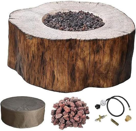 Elementi | Manchester Gas Fire Pit Cast Concrete Semi-Round Fire Table, Outdoor Fire Pit Electronic Ignition | Canvas Cover, Lava Rock Included | Red Wood | Natural Gas