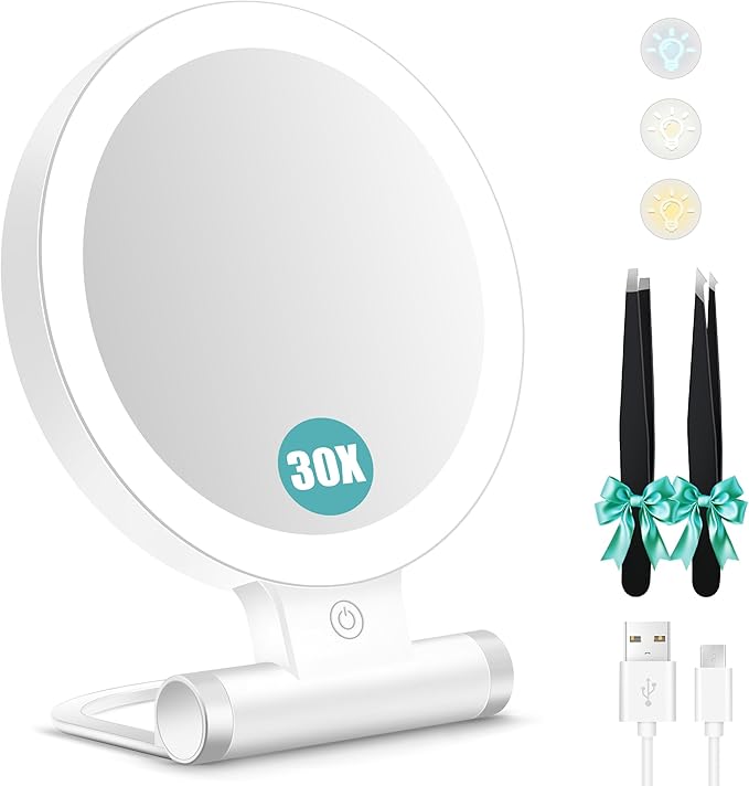 B Beauty Planet Magnifying Mirror with Light 30X, Double-Sided 1X/ 30X Magnifying Makeup Mirror with Tweezer, 2000mAh 3 Colour Modes with Adjustable Brightness,Foldable Travel Mirror(9" L x 7" W)
