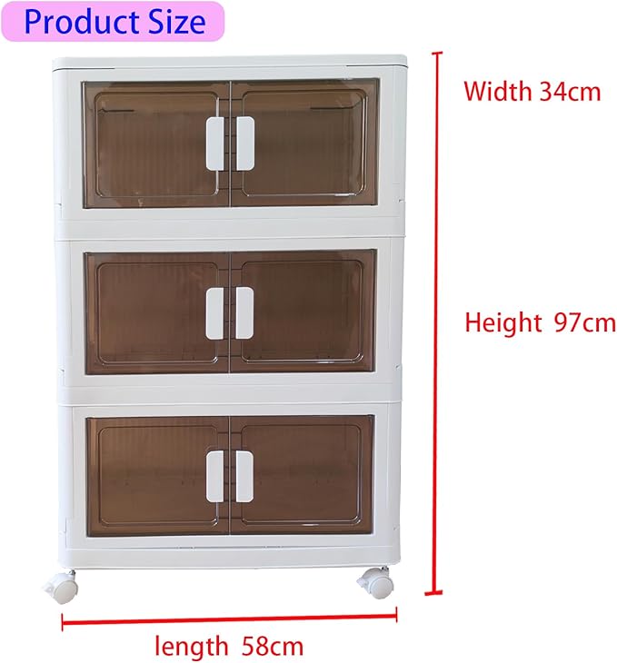 64 Gallons Storage Bins with Lids - Folding Storage box with Doors and Wheels, Collapsible Plastic Storage Bins for Closets, Stackable Storage Organizer (Large-4Tier)