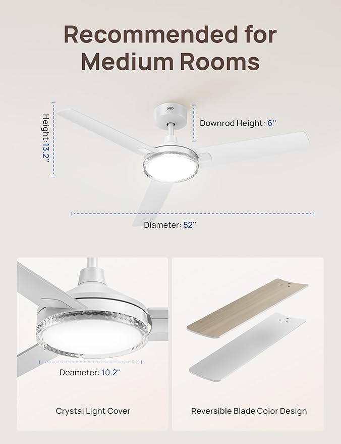 Dreo Smart Ceiling Fans with Lights, 52 Inch White Ceiling Fan, 12 Speeds & 3 Fan Modes, Stepless Color Tones, Dimmable LED Light, 1-12H Timer, Quiet DC Motor, Remote/APP/Alexa/Wall Switch Control