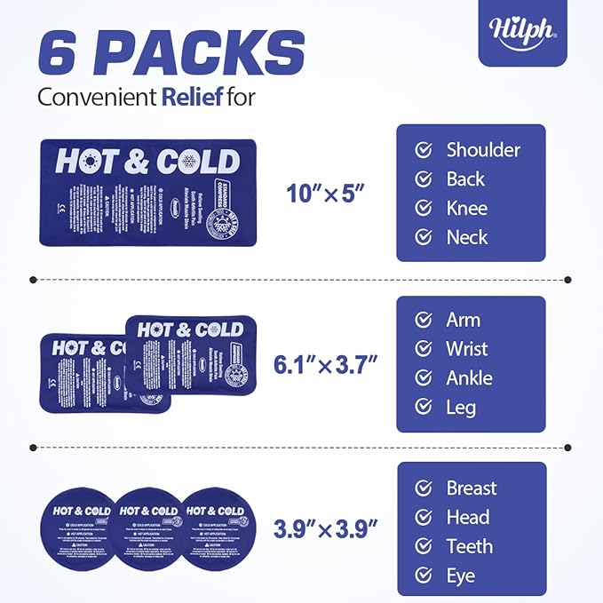 Hilph Ice Pack for Injuries Reusable, 6 Pack Hot and Cold Gel Ice Packs with Adjustable Wrap for Pain Relief, Sports Injury, Swelling, Bruises and Post Surgery Recovery, Ideal for Knee, Back, Ankle