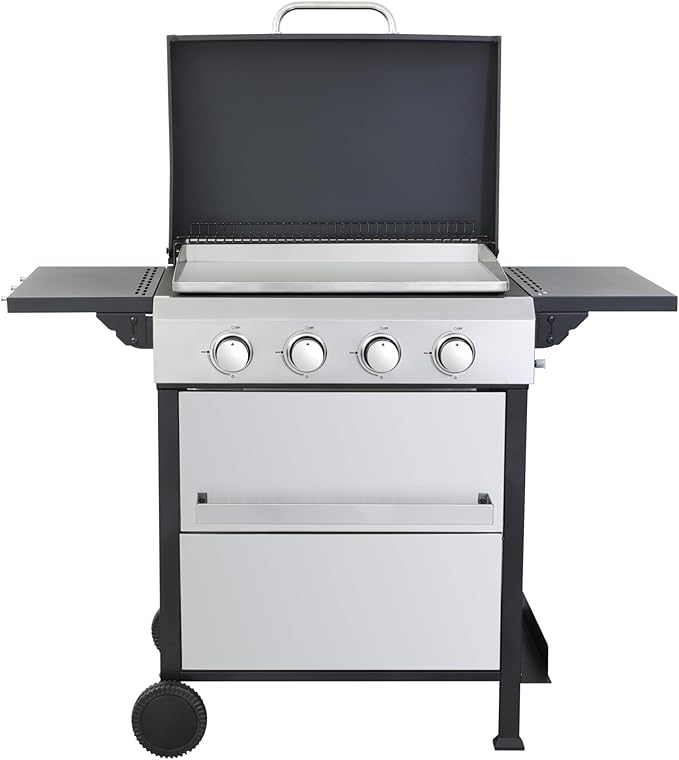 4-Burner Portable Propane Gas Grill with Stainless Steel Plancha Griddle - 49200 BTU Outdoor BBQ Grill with Foldable Side Shelves, Enamel Cooking Grids & Tool Hanging Basket