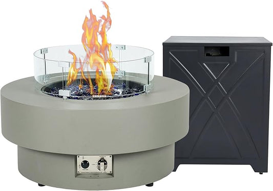 32.5-inch Outdoor Gas Fire Pit with 20lb Propane Tank Cover Table & Wind Glass Shield,50,000BTU Propane Gas Fire Pits for Outside Patio w/Round Burner Lid, Glass Rocks