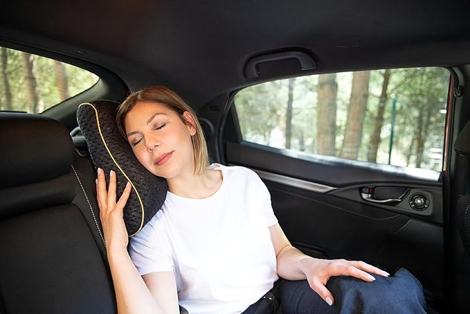 Memory Foam Pillow for Travel and Camping with Extra Cotton Cover – Easy to Carry Portable Bag (Black Contour)