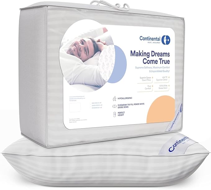 Continental Bedding | Serenity Goose Down Pillow | 700 Fill Power Hungarian White Down | 400TC Cotton Damask Shell | Made in USA | Firm, Standard with Protector