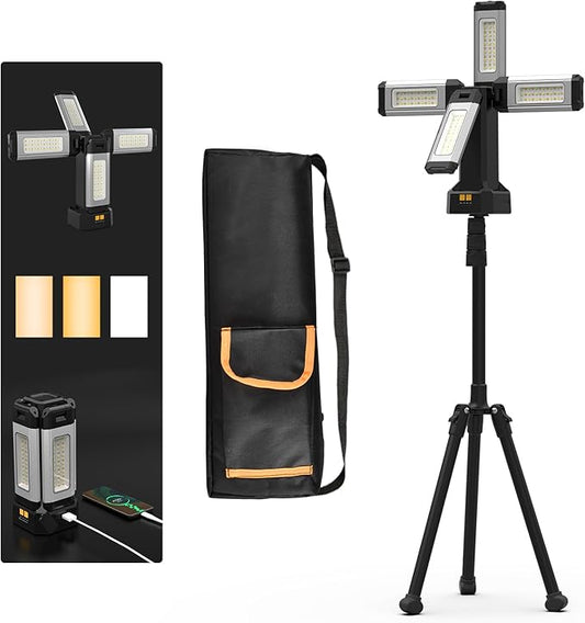 13200mAh Rechargeable Aluminum Work Light , IPX4 Waterproofwith Folding Stand Support and Portable Carrying Bag, 8000 Lumen Stepless Dimmable , 3 Lighting Modes, White/Warm/Nature White