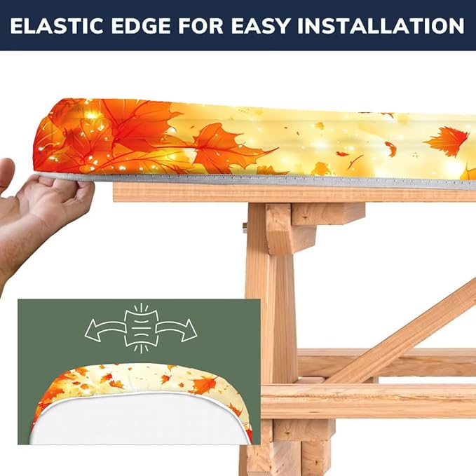 CAPSCEOLL Elastic Picnic Table Cover with Bench Covers 5Ft Waterproof Fitted Picnic Table Cover Cloths for Outdoors Camping Tablecloth with Drawstring Bag, 60X30in, Fall Maple