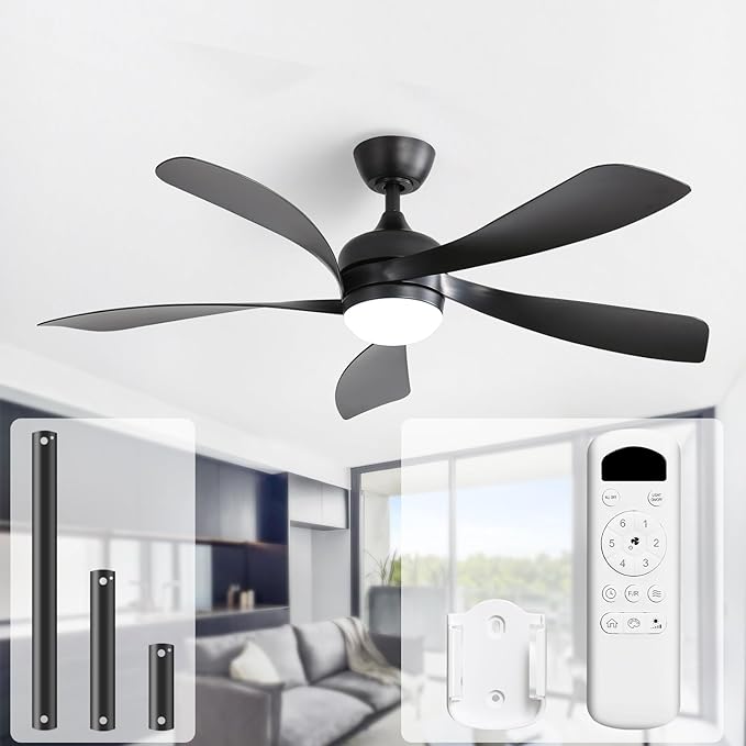 Sofucor 52 Inch Ceiling Fans with Lights and Remote, Outdoor Ceiling Fan with Light 6-Speed 3 CCT 3-Timer, Black Low Profile Ceiling Fan 5 Blade Reversible DC Motor for Living Room Bedroom Patio